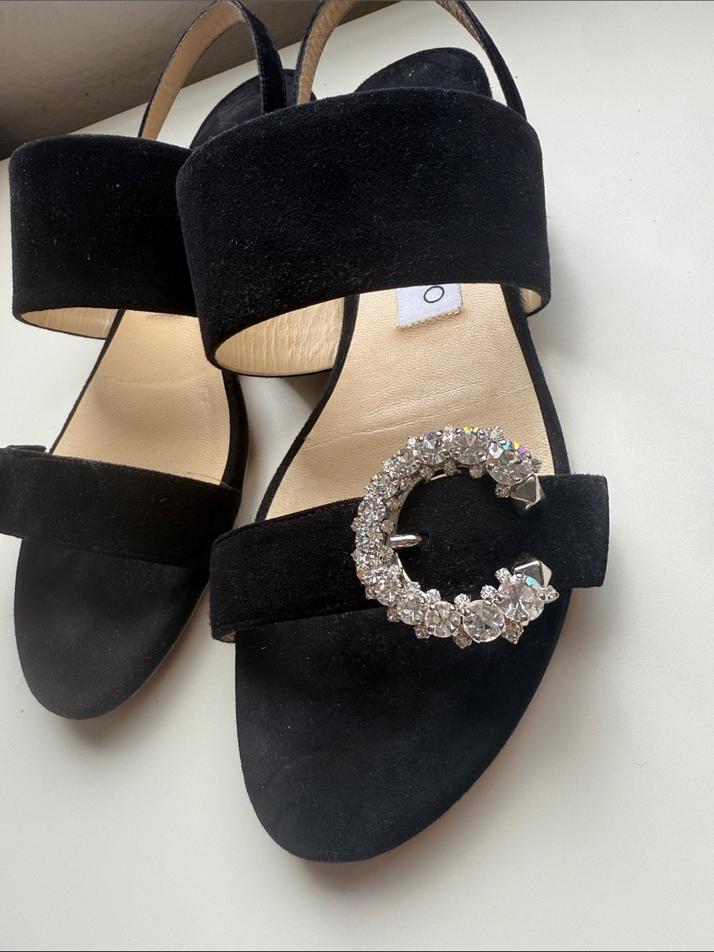 Jimmy Choo Black Saphera flat suede sandals with crystal buckle - Picture 3 of 9